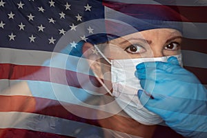 Doctor or Nurse Wearing Medical Face Mask and Scrubs with Ghosted American Flag