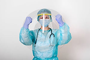 Doctor, nurse wearing protection Suit for Fighting Covid-19 coronavirus with white background. medical worker in protective suit