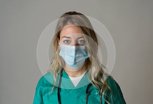 Doctor or nurse wearing scrubs and protective medical face mask. Medicine and health care workers