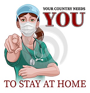 Doctor Nurse Woman Needs You Stay At Home Pointing
