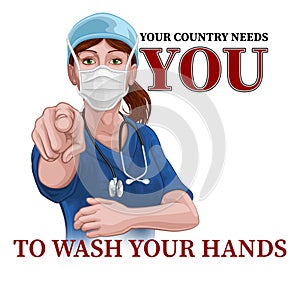 Doctor Nurse Woman Needs You Wash Hands Pointing