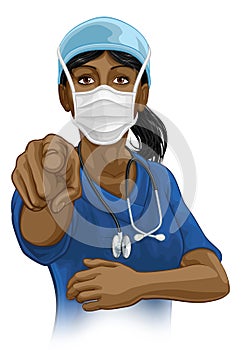 Doctor or Nurse Woman in Scrubs Uniform Pointing