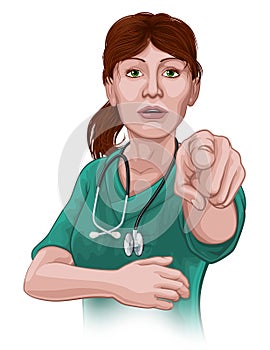 Doctor or Nurse Woman in Scrubs Uniform Pointing