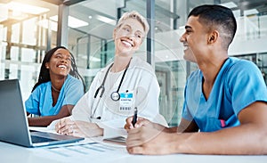 Doctor, nurses and laptop meeting with and medical lab data for idea innovation in medicine research at hospital clinic