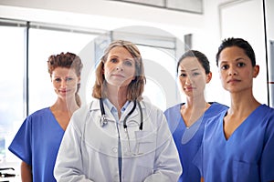 Doctor, nurses and portrait of hospital group or women leadership in clinic team or surgeons for diversity in healthcare
