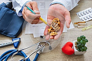 Doctor nutritionist during consultation held in his hand and shows patient walnut kernels. Counseling and explanation of use of wa