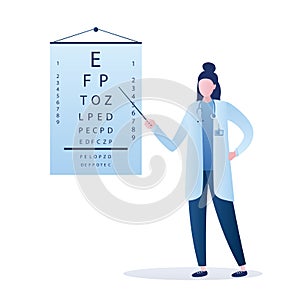 Doctor oculist checks vision. Eye test chart. Vision test. Optical exam