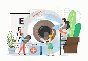 Doctor oculist eye check up. Ophthalmologist eyesight examination, vision test and correction, vector flat illustration.