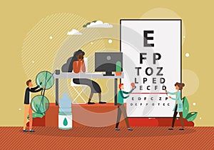 Doctor oculist, optometrist, ophthalmologist checking patient eyesight, vector illustration. Eye test, vision correction