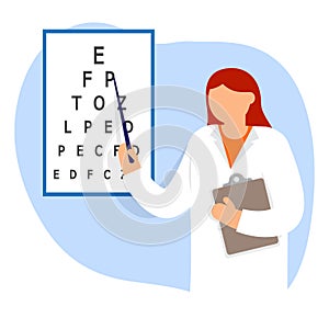 Doctor oculist pointing letters at eye chart