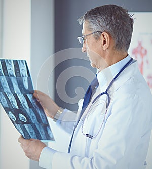 Doctor in the office examines the patient`s x-ray