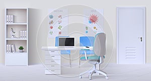 Doctor office interior. Realistic 3D empty clinic cabinet with work desk, computer, room furniture and medical posters