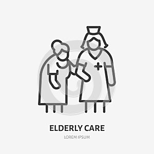 Doctor with old patient flat line icon. Nurse helping grandmother walk vector illustration. Thin sign of elderly care
