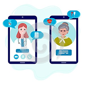 Doctor with old patient meet online. Online healthcare for Senior. Mobile appointment woman with doctor for check up, diagnose and