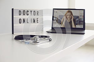 Doctor online. Concept medical doctor consultation help patient online video chat call clinic.