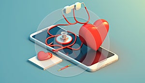 Doctor online concept. Phone screen with red heart using stethoscope checks health. Online medical clinic communication with