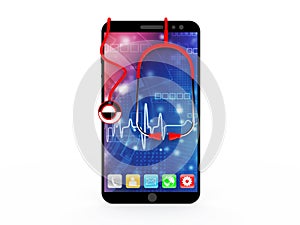 Doctor online concept. Phones using stethoscope and checks health. Online medical clinic communication with patient