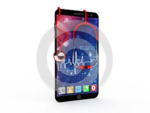 Doctor online concept. Phones using stethoscope and checks health. Online medical clinic communication with patient