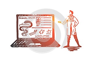 Doctor, online, medicine, laptop, service concept. Hand drawn isolated vector.