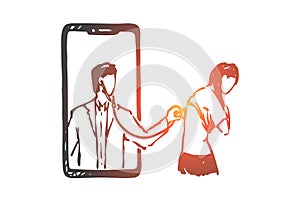 Doctor, online, medicine, stethoscope, help concept. Hand drawn isolated vector.