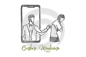 Doctor, online, medicine, stethoscope, help concept. Hand drawn isolated vector.