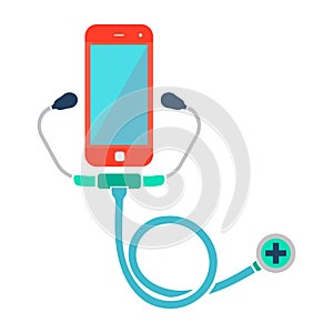 Doctor Online. Smartphone with Stethoscope. Web Medical Help Concept Icon. Color Vector Illustration.