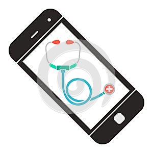 Doctor Online. Smartphone with Stethoscope. Web Medical Help Concept Icon. Color Vector Illustration.