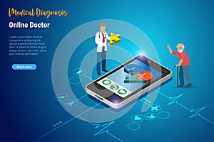 Doctor online solving elderly patient health problem with jigsaw puzzle missing piece in heart shape on smartphone. Virtual