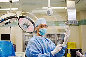 Doctor in operating room gowned and gloved