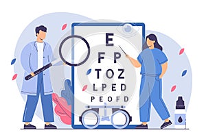 Doctor ophthalmologist check eyesight with eye test chart and eyeglasses