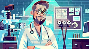 Doctor ophthalmologist checking vision with eye test chart on ophthalmology background. Hand-drawn illustration of a man