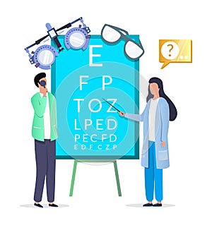 Doctor ophthalmologist eye sight check up, vector illustration. Ophthalmology, optometry, eye test and vision correction