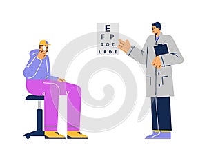 Doctor ophthalmologist standing near eye test chart, oculist checks the patients vision vector flat illustration