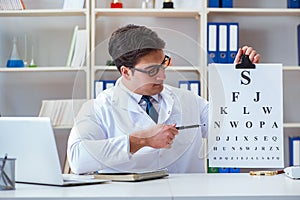 The doctor optician with letter chart conducting an eye test check