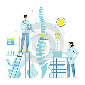 Doctor osteopath male female characters examining human spine skeleton. Osteopathy, chiropractic. Manual therapy, vector