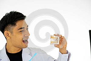 Doctor othodental with dental teeth model standing isolated on white background copy space