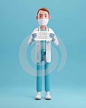 Doctor with a paper have text stay home holding on hand 3D rendering illustrations