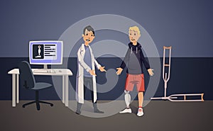 Doctor and patient with artificial leg. Bionic prosthesis. Vector illustration.