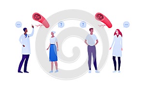 Doctor and patient checkup appointment concept. Vector flat medical people illustration. Male and female adult and old character.