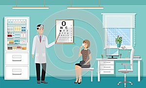 Doctor and patient at consultation in clinic office. Doctors office interior design in hospital