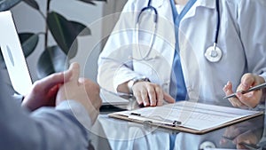 Doctor and patient discussing health concerns in medical office. Physician making notes on a clipboard. Medicine and