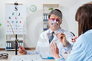 The doctor with patient at eye exam