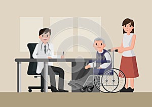 Doctor and patient in flat style. Practitioner doctor man and old man patient in hospital medical office.