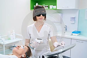 Doctor and patient in goggles on skin photorejuvenation procedure