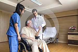 Doctor and patient healthcare concept. doctor and nurse, patient using tablet on wheelchair in hospital