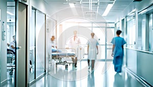 Doctor and a patient in hospital corridor for background, concept of healthcare and interior medical technology. Motion blur