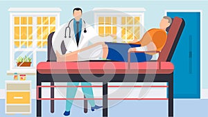 Doctor and patient in hospital, medicine care vector illustration. Healthcare for injury at flat couch equipment in