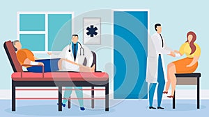 Doctor with patient in hospital vector illustration. Medical injury care, cartoon clinic medicine health treatment. Man