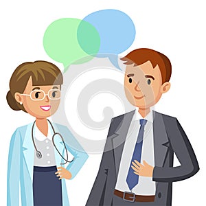 Doctor and patient. Man talking to physician. Vector