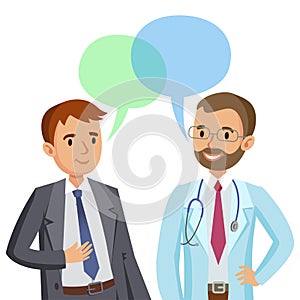 Doctor and patient. Man talking to physician. Vector